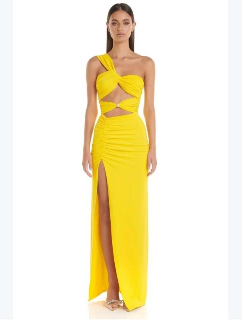 NWT Angel Lane Stretch Mesh One Shoulder Brooch Gown Yellow Long Maxi XS